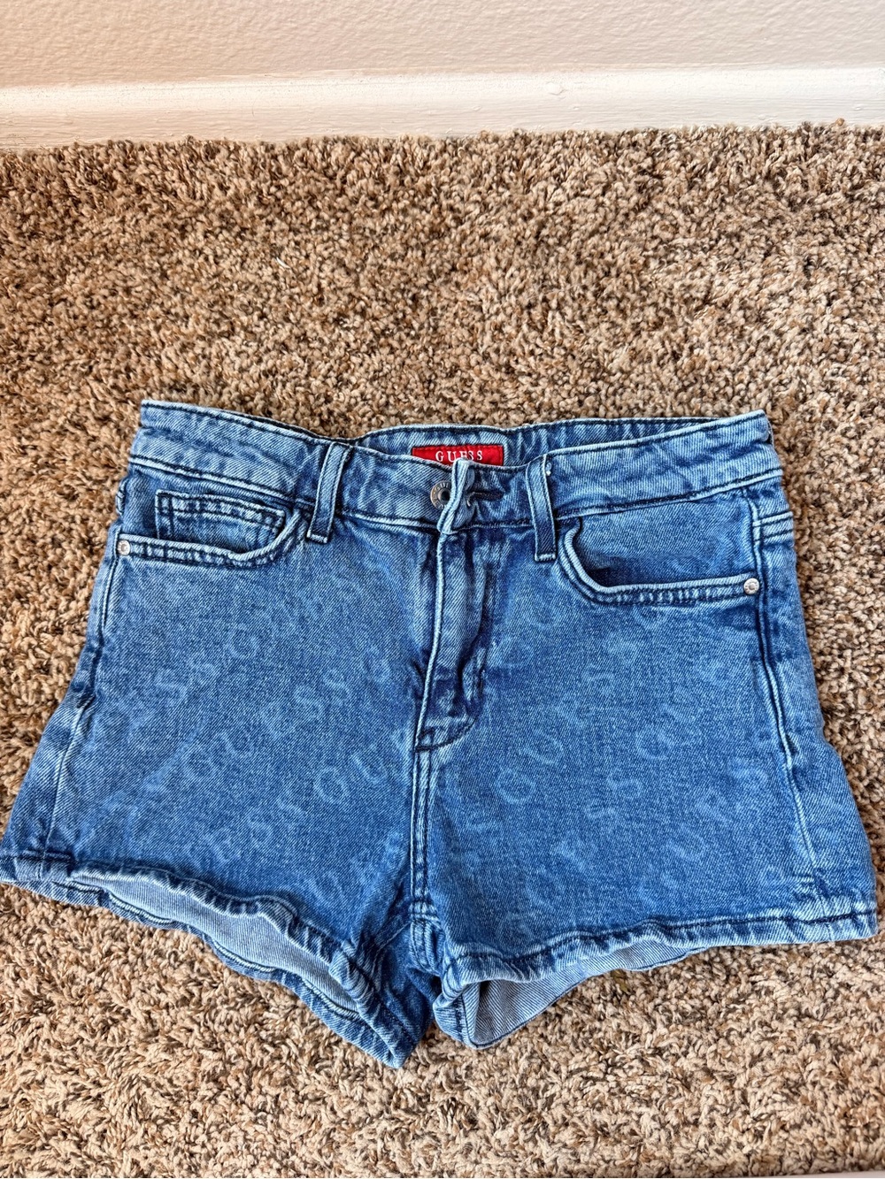 GUESS Blue Allover Logo Denim Shorts